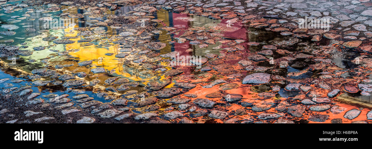 Colorati edifici coloniali si riflette in una pozzanghera sulla strada di ciottoli Foto Stock