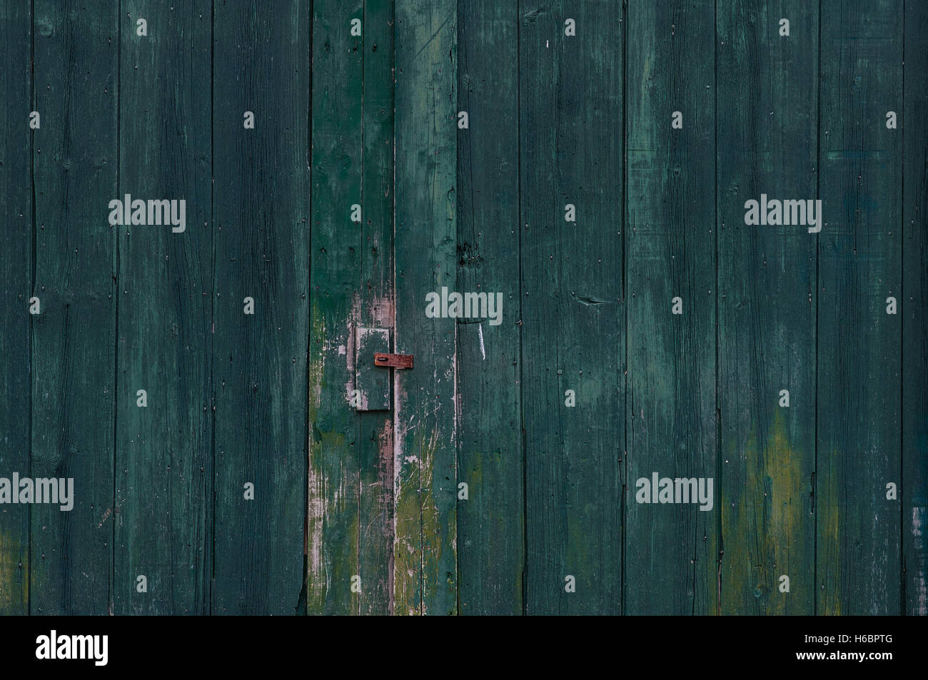 Il vecchio fienile in legno Porte dipinte di verde con una cerniera arrugginita. Foto Stock