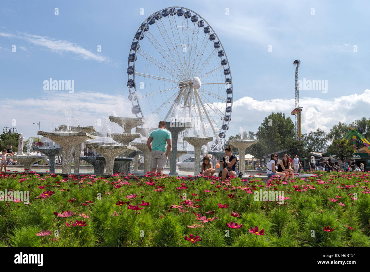 Ruota panoramica e fontane, giardini, Gdynia, Polonia Foto Stock