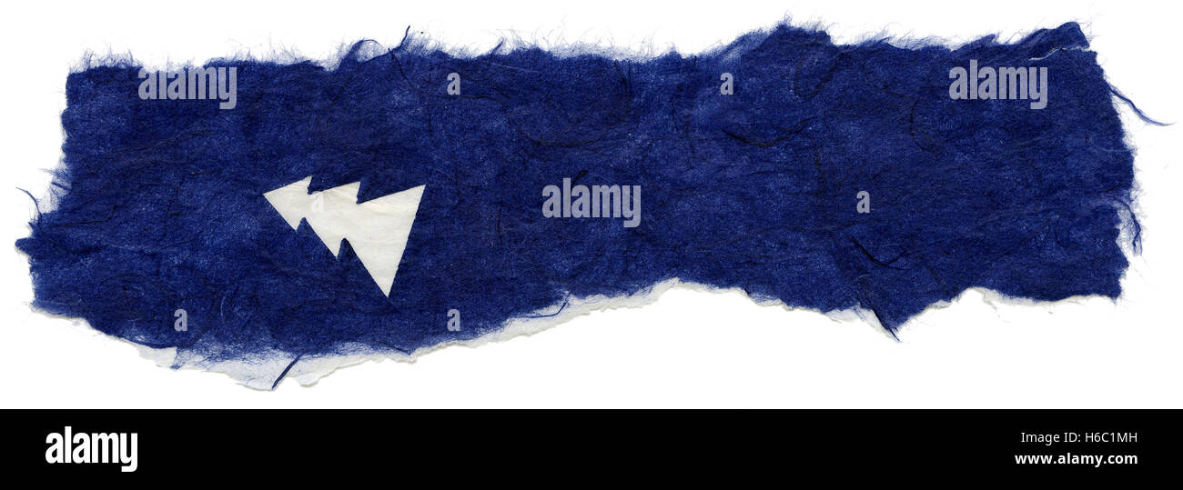 Texture di blu di carta di riso con un motivo di bianco di alberi di pino decorare la superficie con i bordi strappati. Isolato su bianco backgro Foto Stock