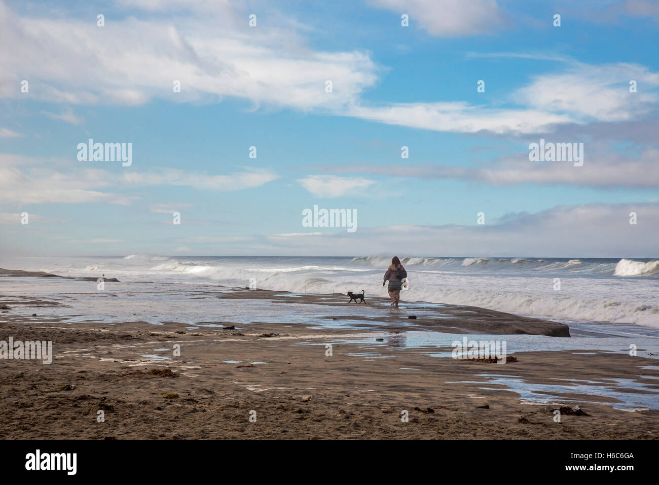 Tijuana, Messico - una donna cammina con il suo cane lungo l'Oceano Pacifico, appena a sud della frontiera degli Stati Uniti. Foto Stock