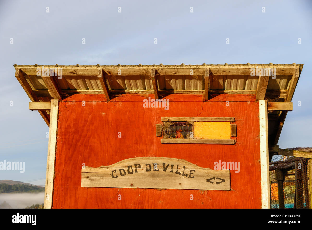 Red hen house con la nebbia in background Foto Stock