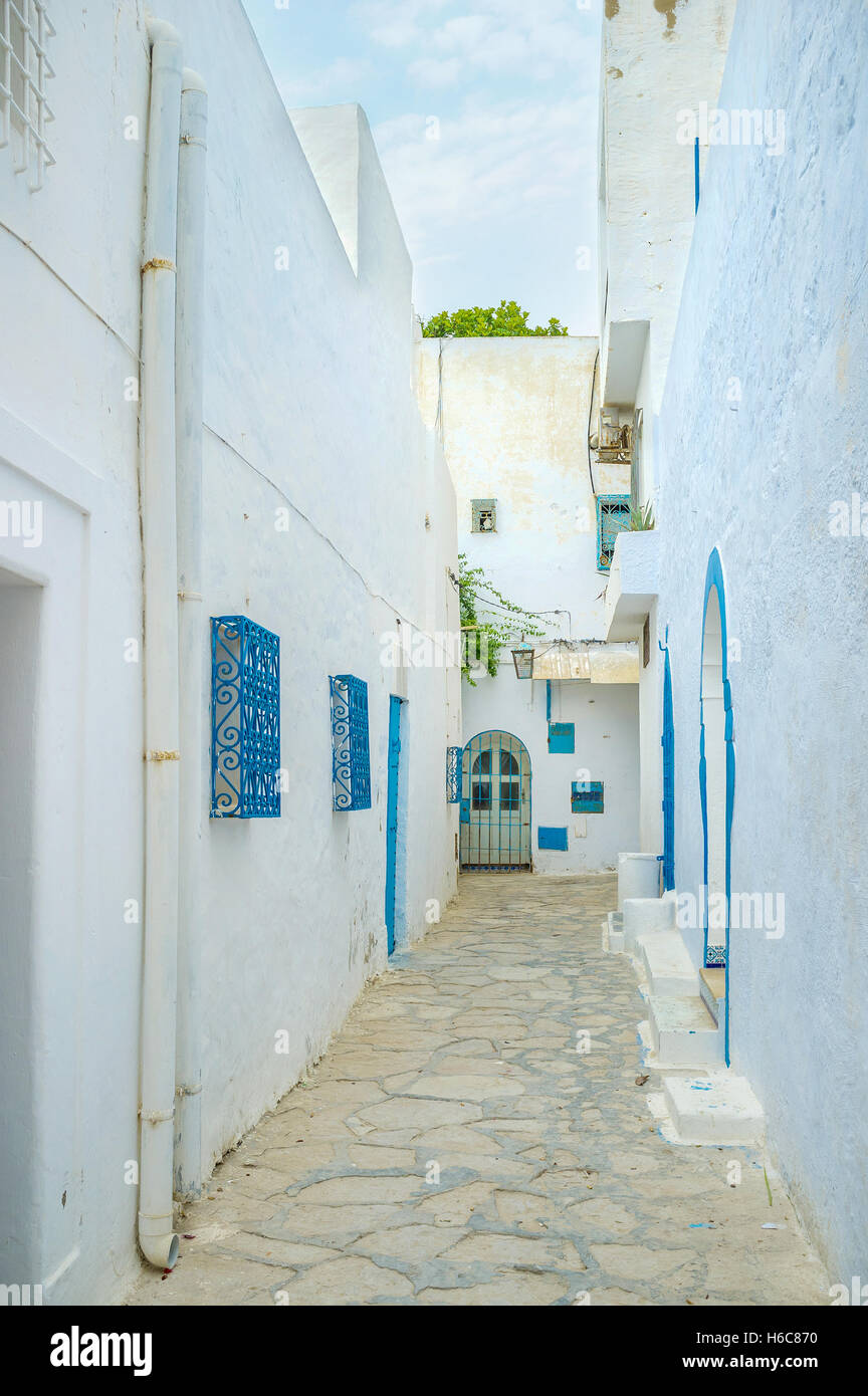 Tutte le vecchie case nella medina di Hammamet sono bianchi, Tunisia. Foto Stock
