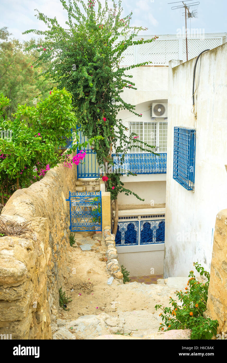 Il vecchio bastione circonda la Medina di Hammamet e serve come area per i piccoli giardini, Tunisia. Foto Stock