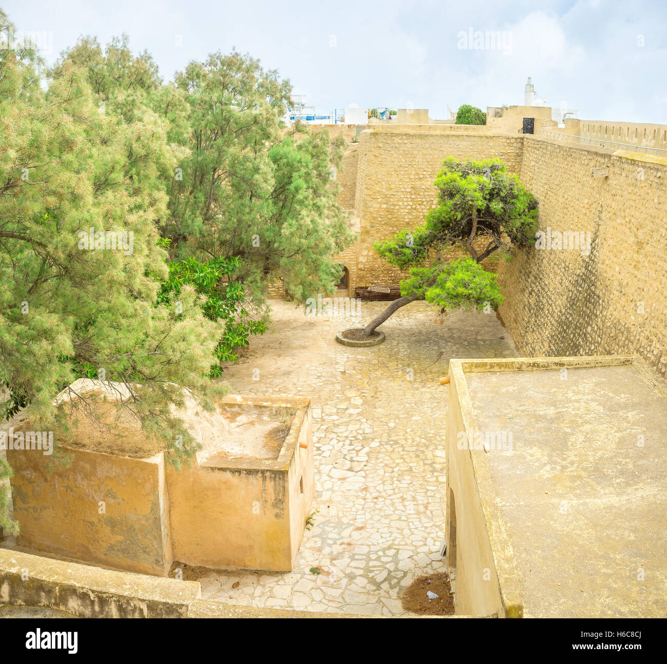 La cittadella di alte pareti nascondere il lussureggiante giardino nel cortile, Hammamet, Tunisia. Foto Stock