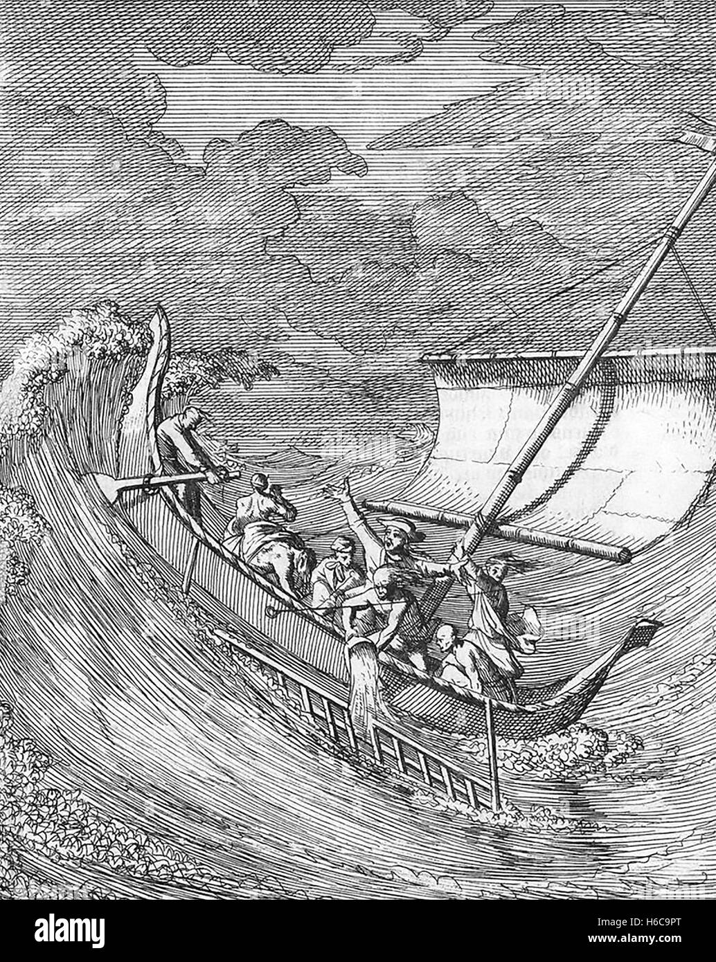 WILLIAM DAMPIER (1651-1715) esploratore inglese. Un 1698 incisione di Caspar Luyken mostra Dampier escursioni a cavallo di una tempesta in prossimità di Aceh a Sumatra Foto Stock