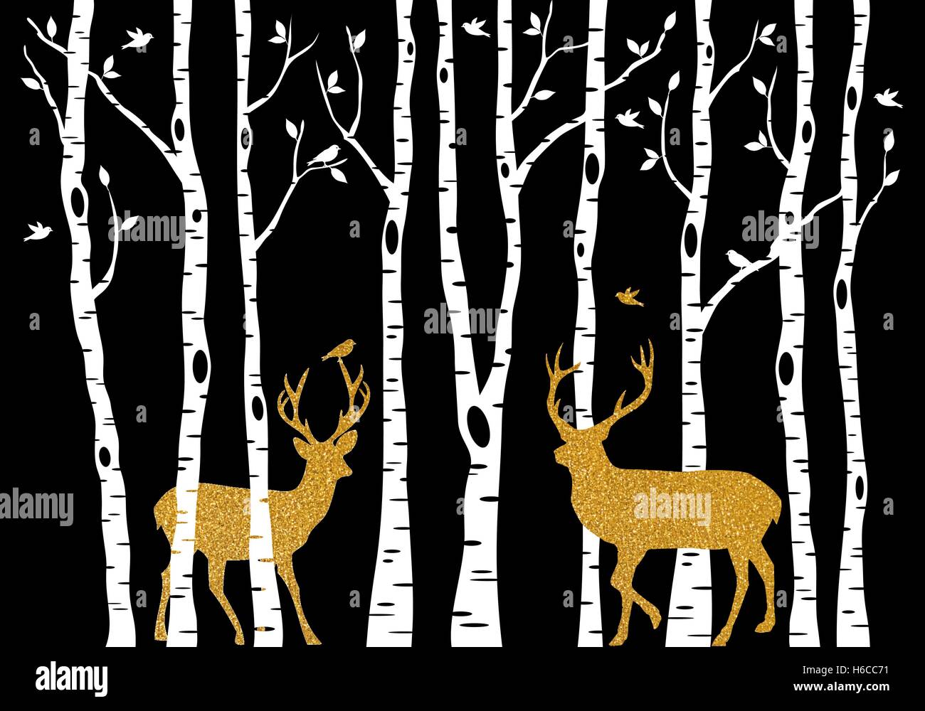 Scheda di Natale con golden renna e betulla foresta su sfondo nero, illustrazione vettoriale Illustrazione Vettoriale