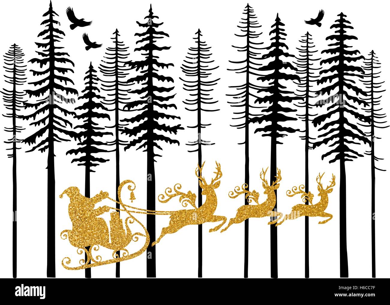 Scheda di Natale con golden Babbo Natale e la sua slitta con le renne volanti su sfondo bianco, illustrazione vettoriale Illustrazione Vettoriale