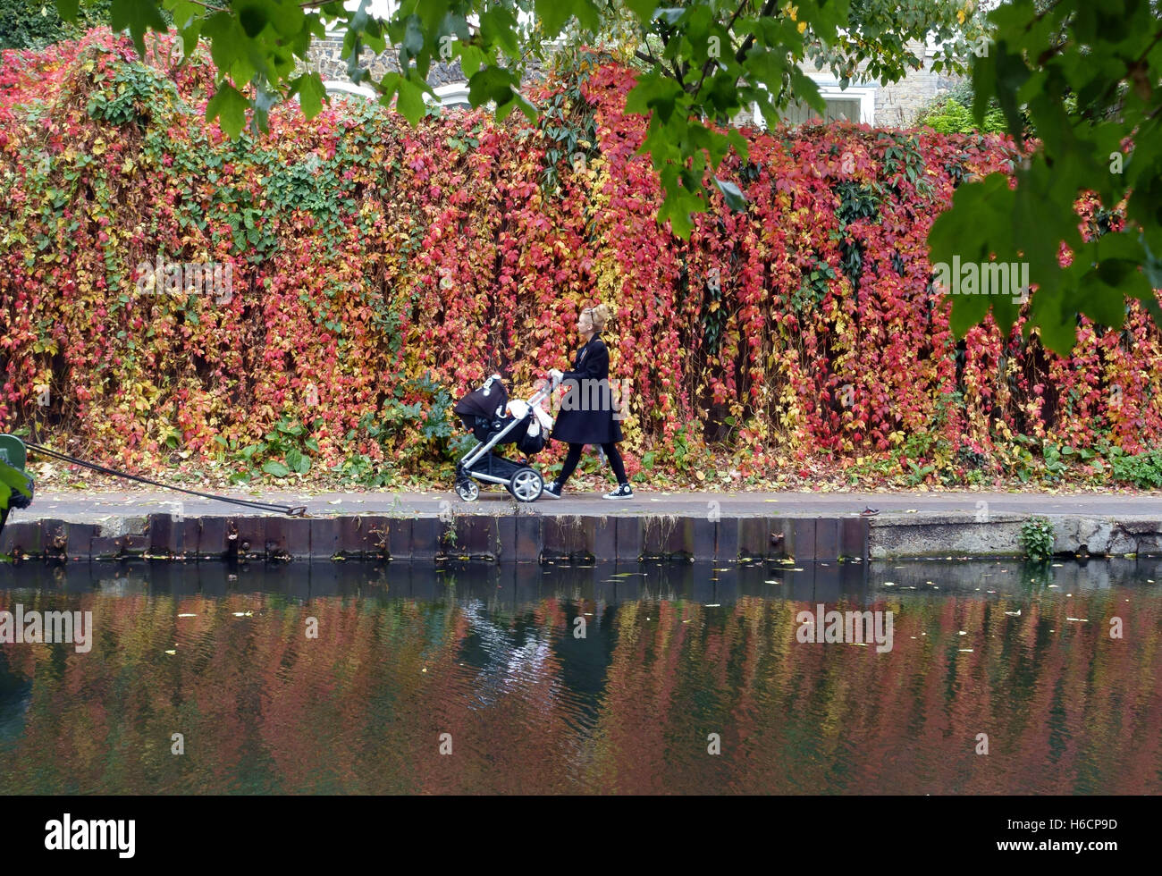 Giovane madre con bambino buggy passeggiate lungo Regents Canal in autunno, Islington, Londra Foto Stock