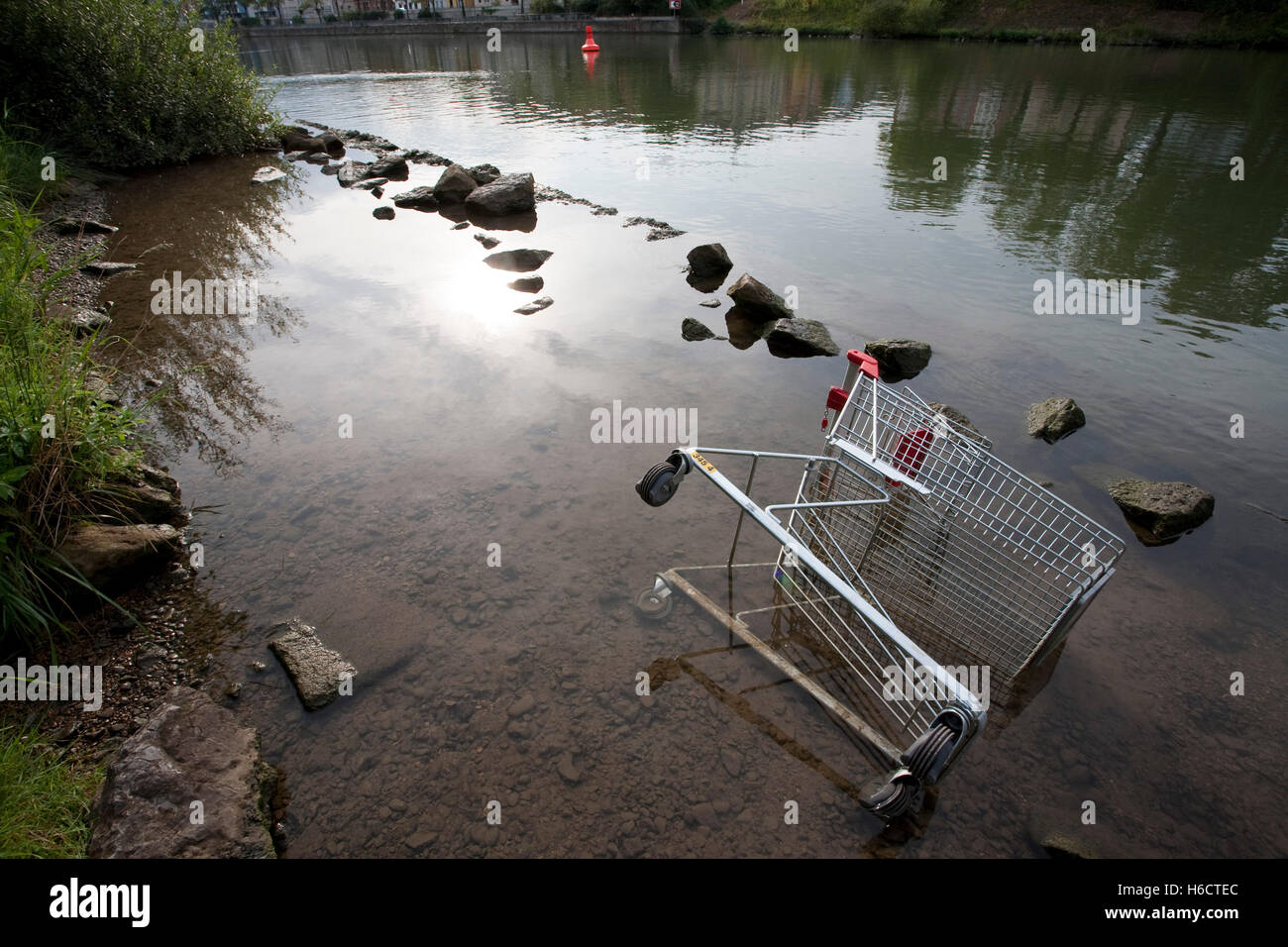 Carrello spesa nel fiume Neckar, scartato, atti di vandalismo, distruzione, ambiente, Stoccarda, Baden-Wuerttemberg, Germania Foto Stock