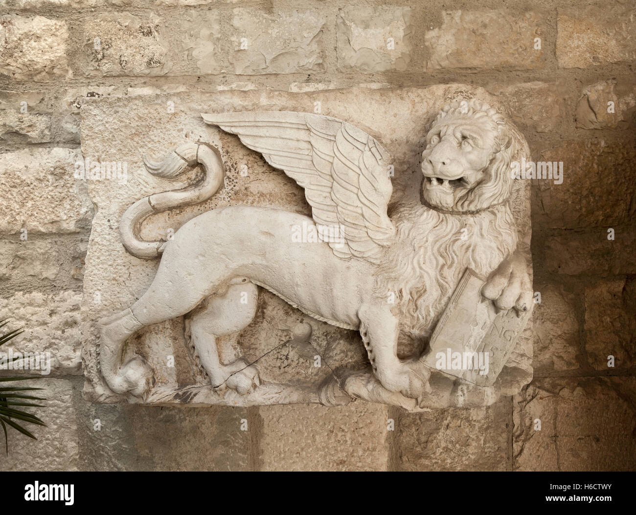 Scultura in pietra di un leone alato, probabilmente romana Foto Stock