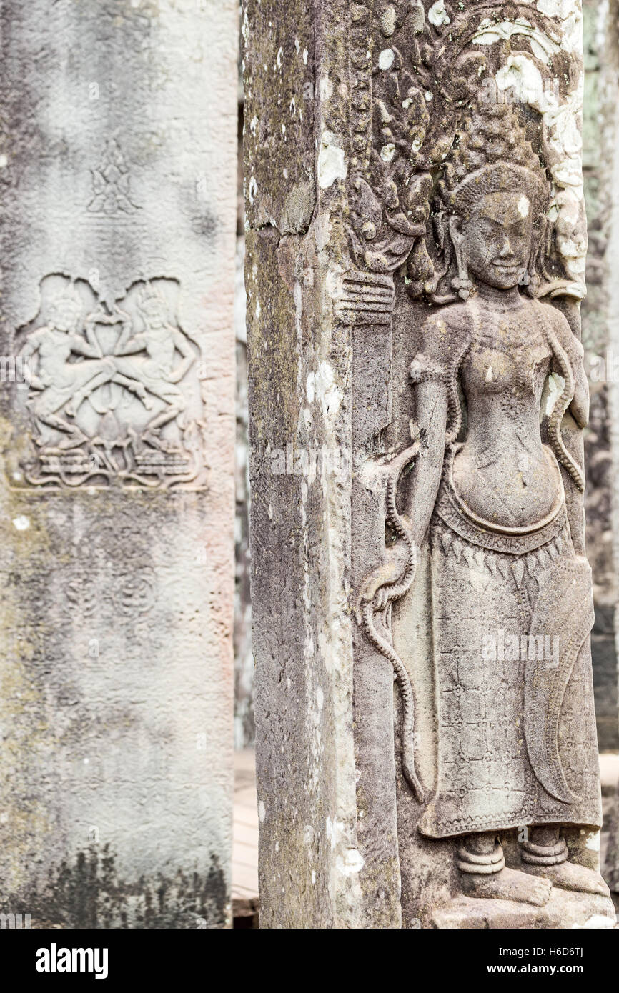 Apsara, complesso Bayon, tempio, architettura Khmer, Angkor Thom, Cambogia Foto Stock