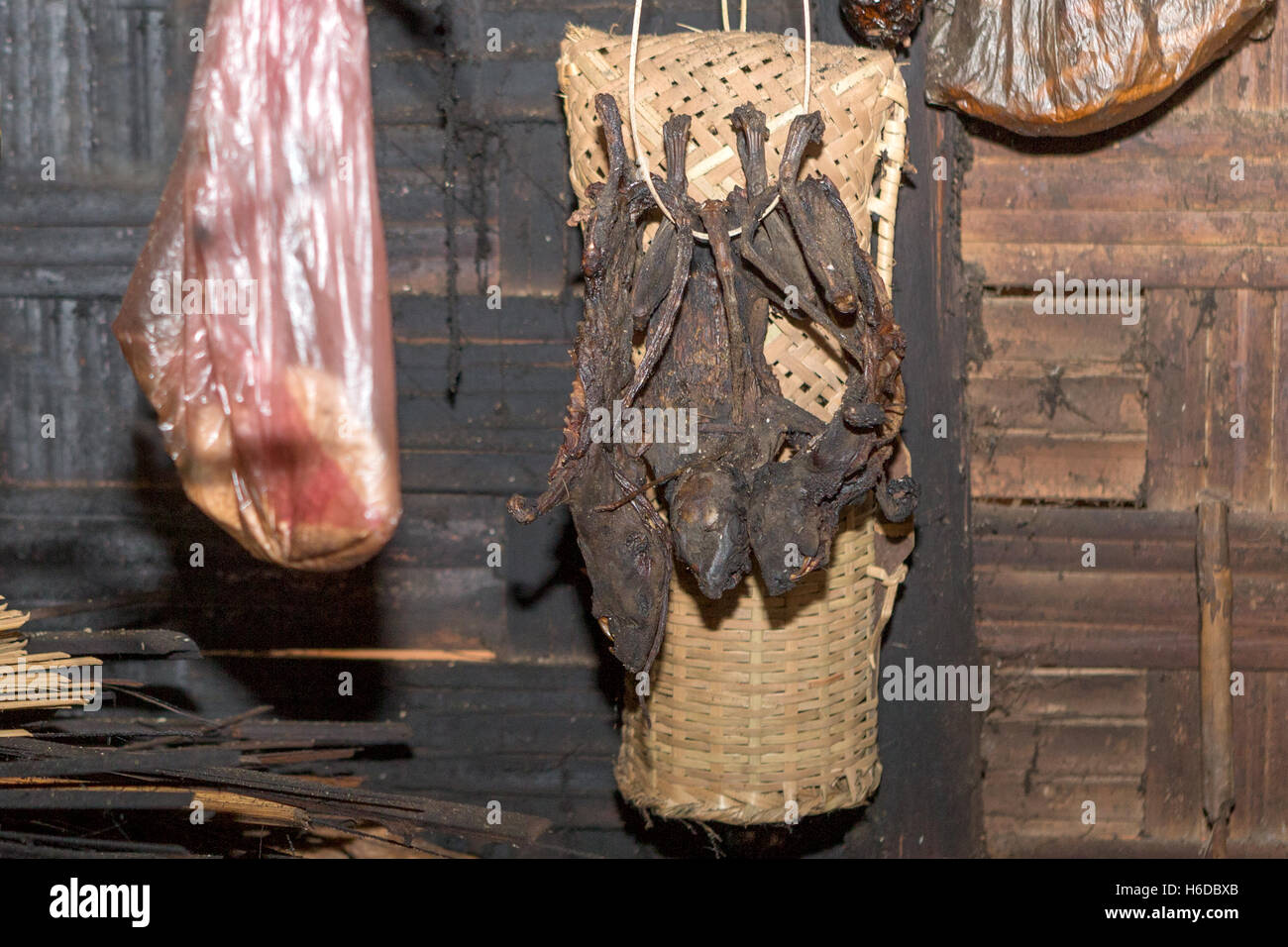 Ratto essiccato - cibo, villaggio di Ban Phavie, popolo khmu/Khamu, vicino Muang la, provincia di Oudomxay, Laos Foto Stock