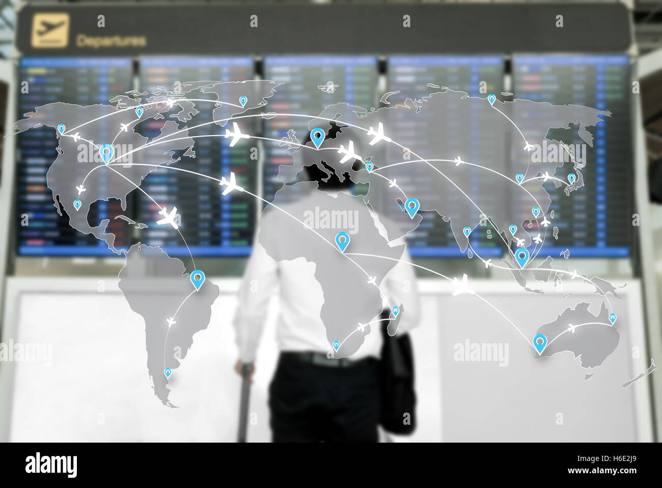 Mappa delle rotte di volo aerei uso della rete per global travel, importazione, esportazione,rete logistica concetto. Foto Stock