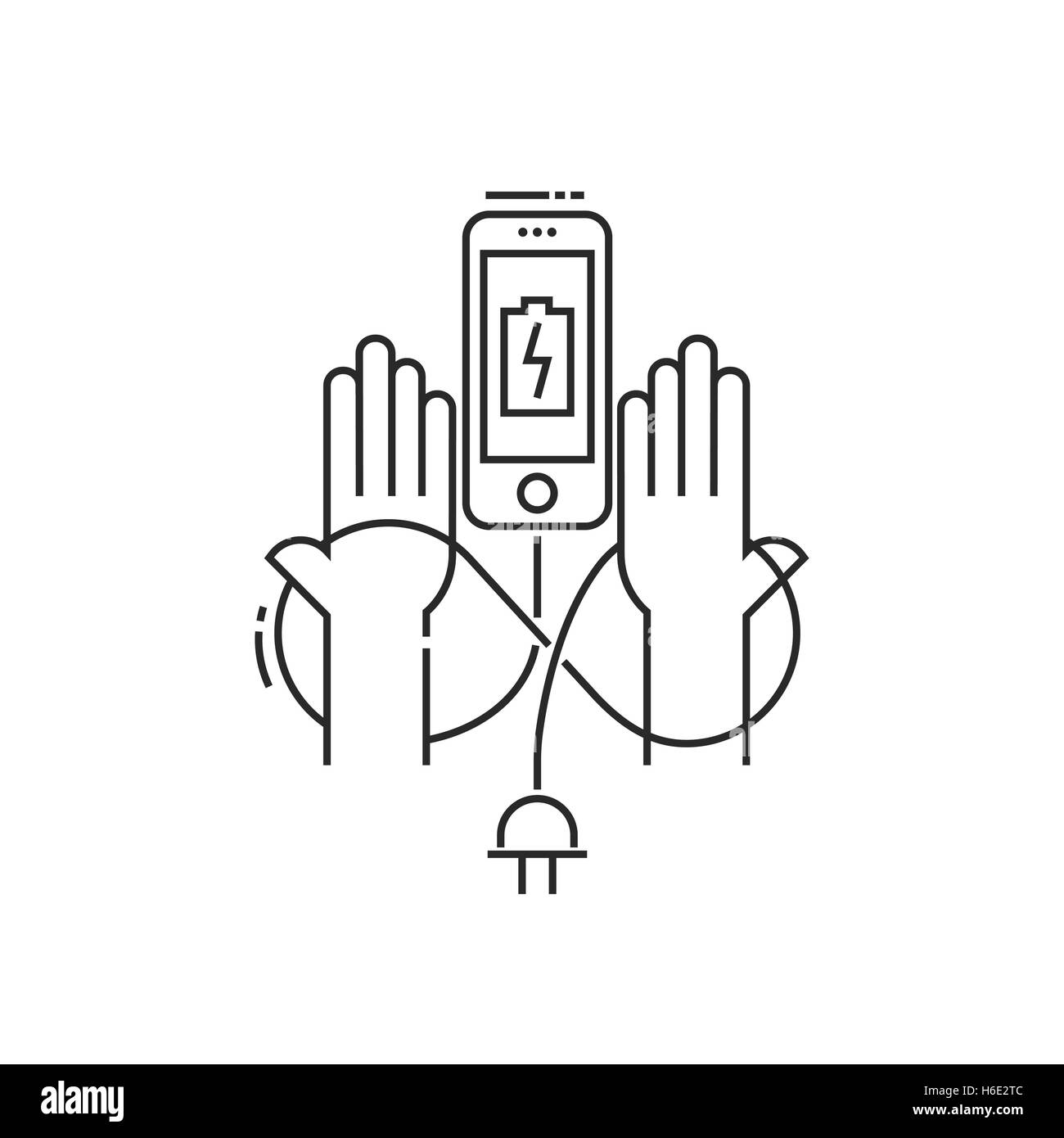 Icona concettuale la dipendenza del caricamento dello smartphone. La batteria dello smartphone carica di limiti delle possibilità umane Illustrazione Vettoriale