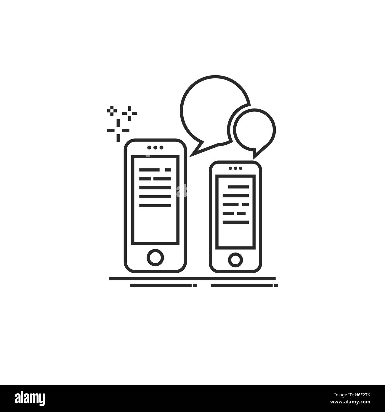 Concettuale icona moderna di sottili linee di comunicazione con lo smartphone. Due smartphone e discorso bolla Illustrazione Vettoriale