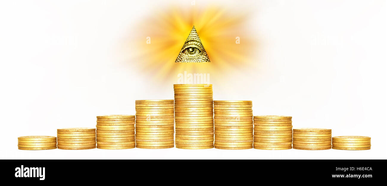 Elemento di immagine di Stati Uniti uno-dollaro, piramide, occhio della Provvidenza, fasci da ogni piramide in che modo, monete d'Oro Foto Stock