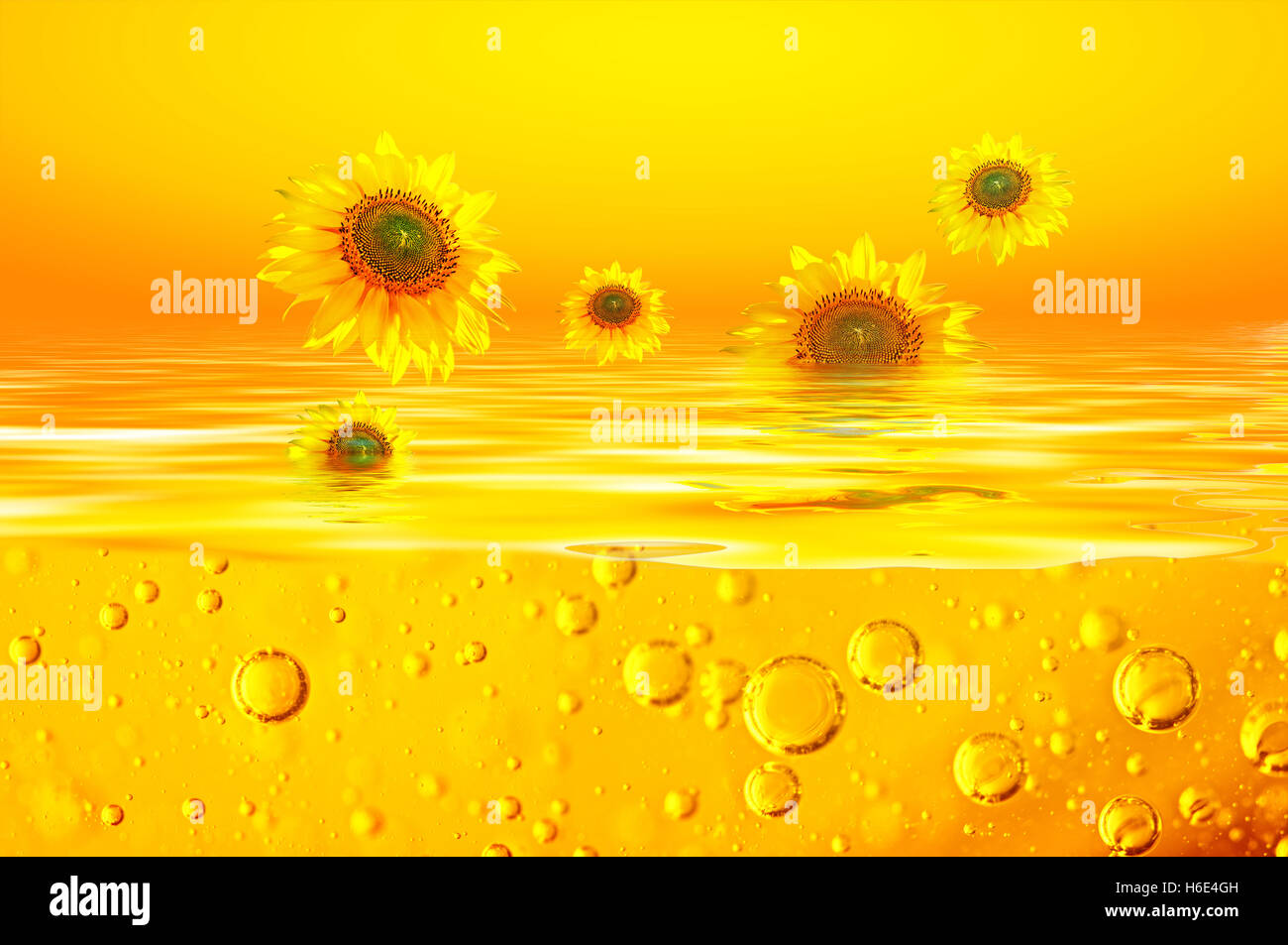 Olio di semi di girasole è con girasoli di su superfici di un liquido giallo e bolle di aria in un liquido arancione. Sfondo per semi di girasole Foto Stock