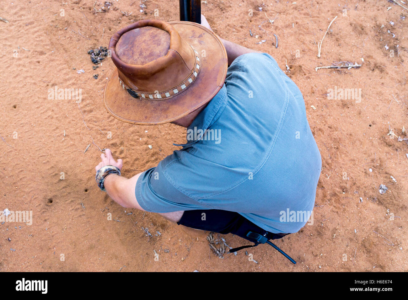 South African wildlife ranger con arma da fuoco spiega i turisti le tracce degli animali sulla strada di sabbia. Foto Stock