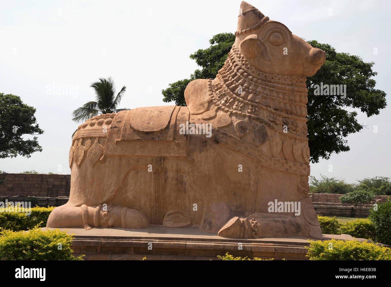 Enorme Nandi bull all'ingresso, il tempio di Brihadisvara, Gangaikondacholapuram, Tamil Nadu, India. Foto Stock