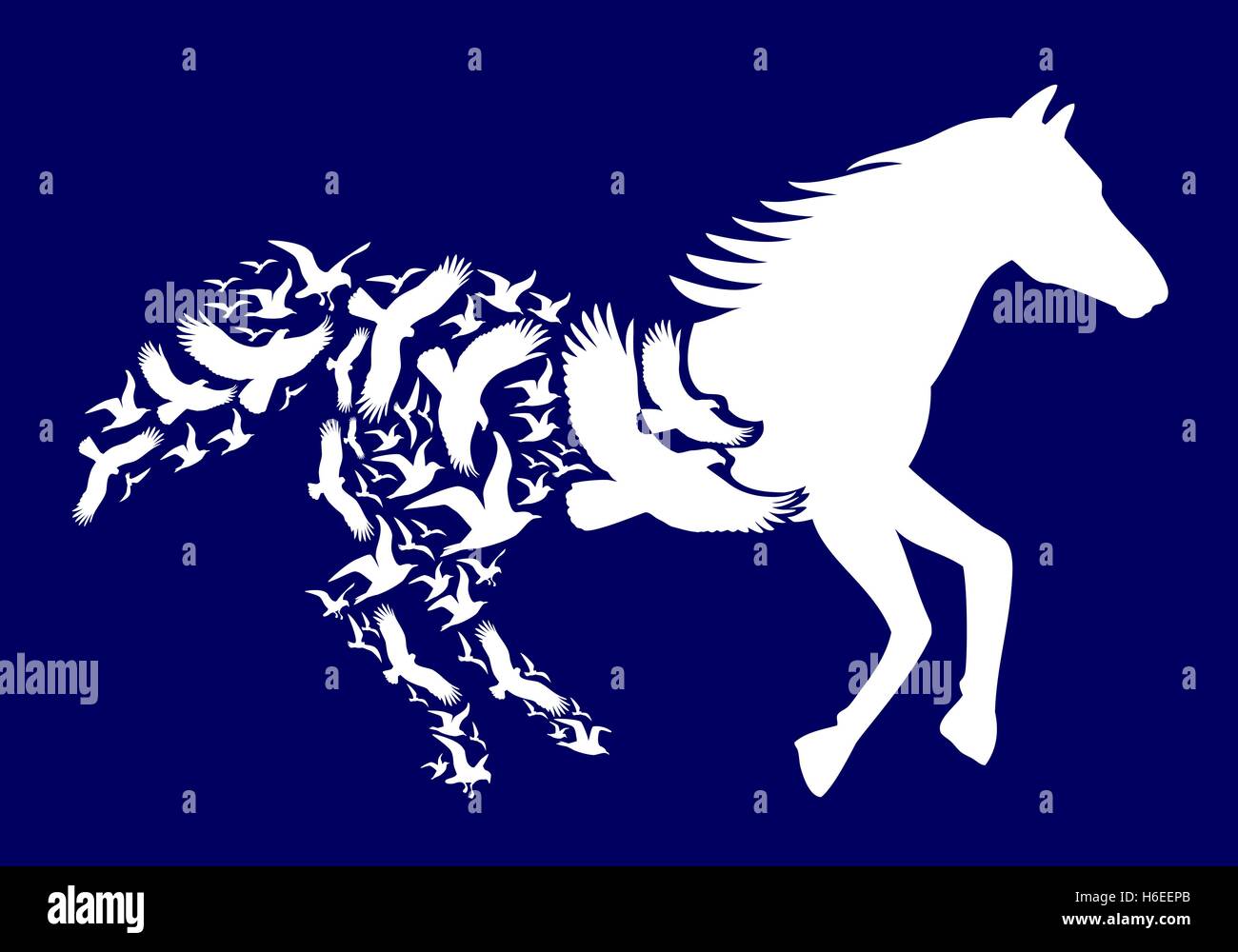 White Horse con uccelli in volo su sfondo blu scuro, illustrazione vettoriale Illustrazione Vettoriale