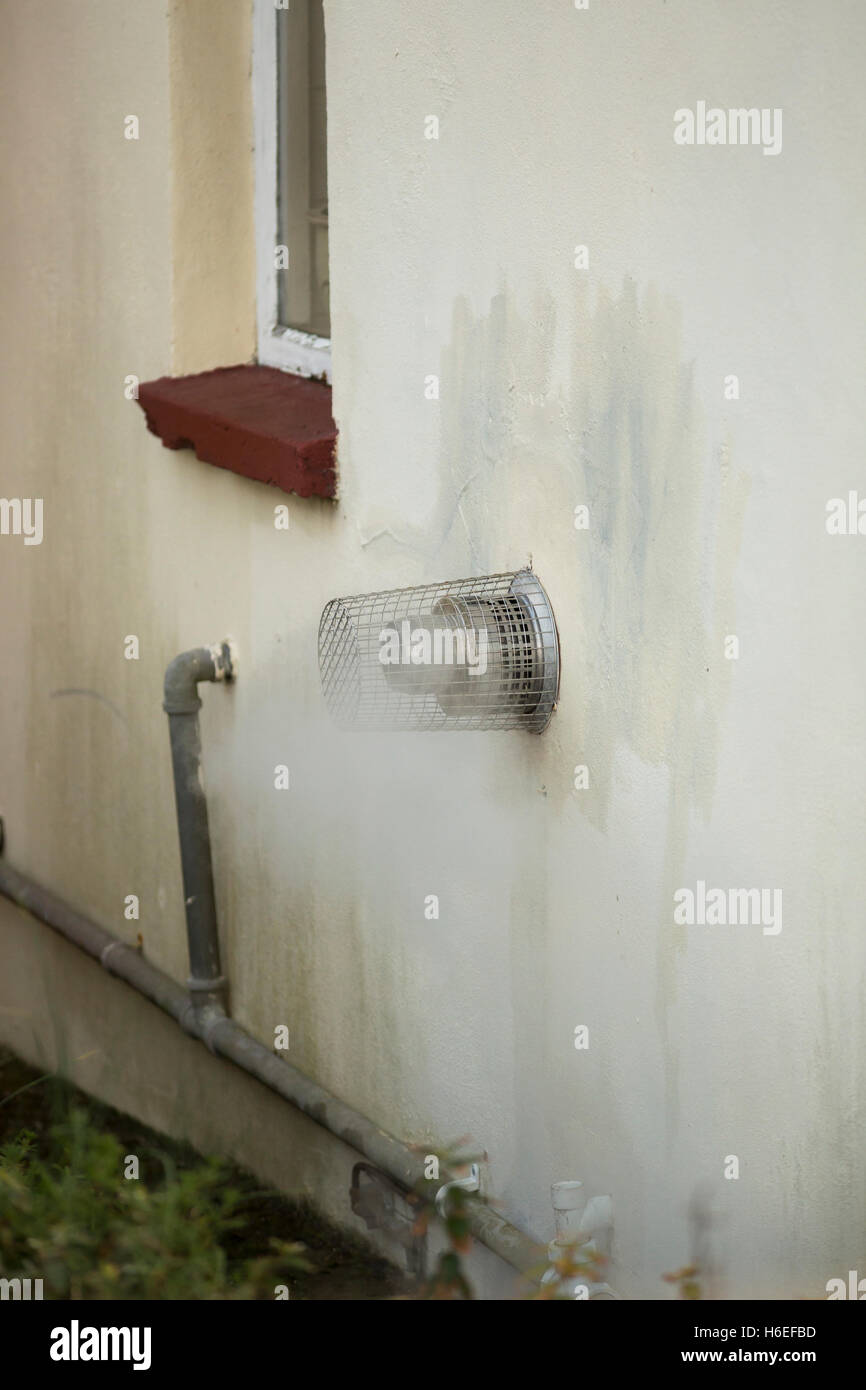 Vapore dalla caldaia esterna canna fumaria Foto Stock