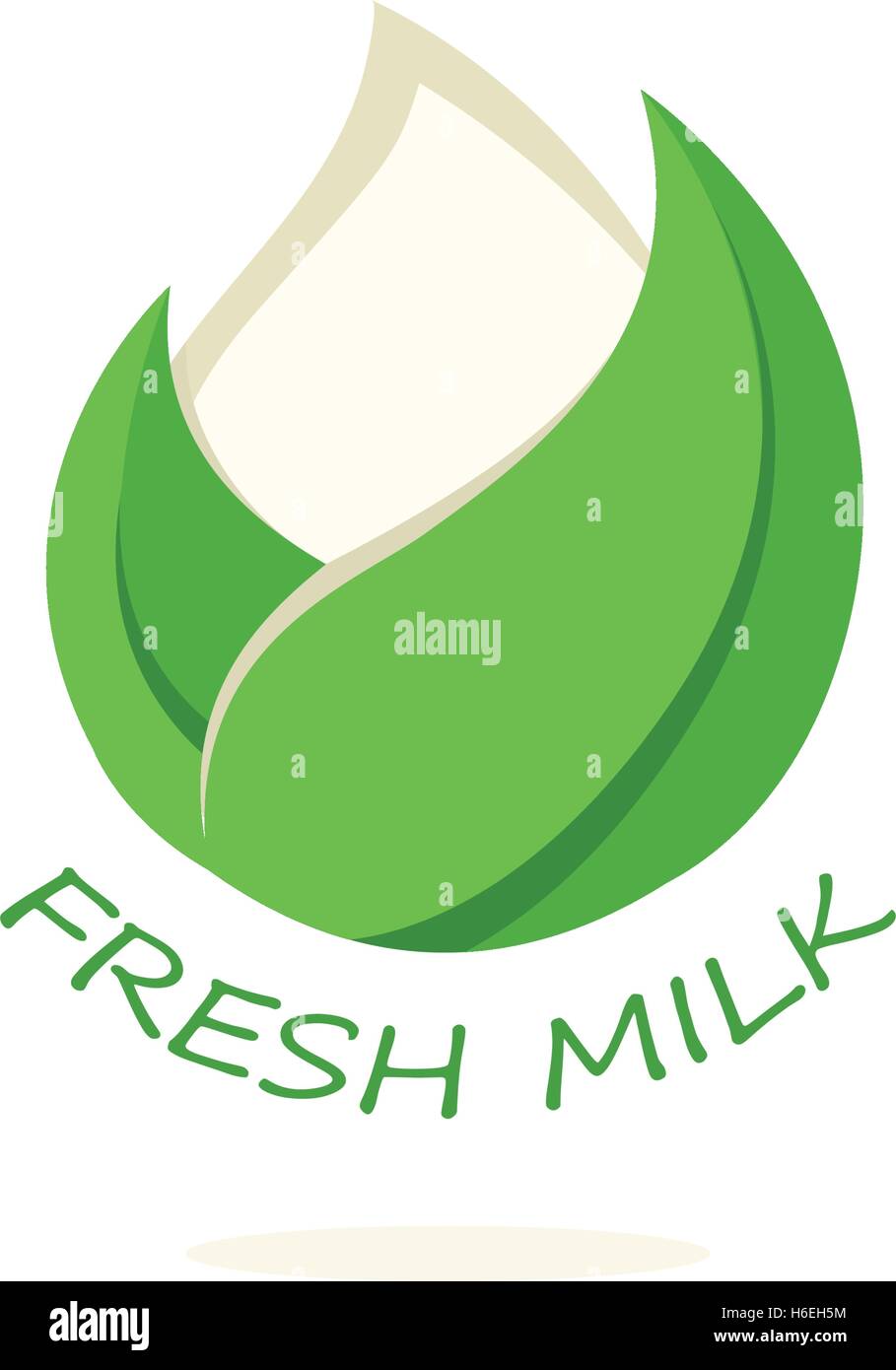 Isolato bianco astratto goccia di latte in verde foglia fresca logo. Prodotti lattiero-caseari logotipo. Panna acida o kefir icona. I prodotti organici segno. Caduta di vettore di latte illustrazione. Illustrazione Vettoriale