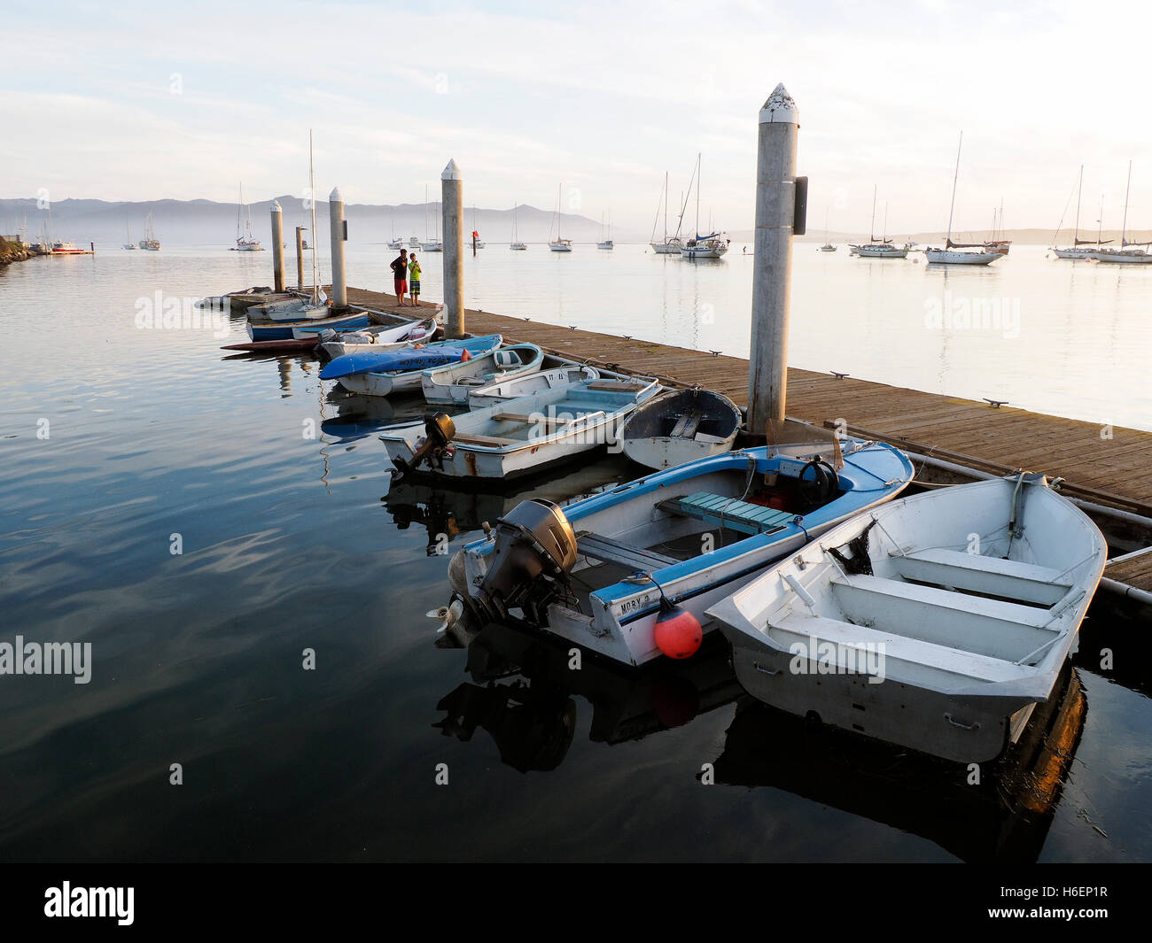 Fila di piccoli dingo ormeggiati in fila Foto Stock