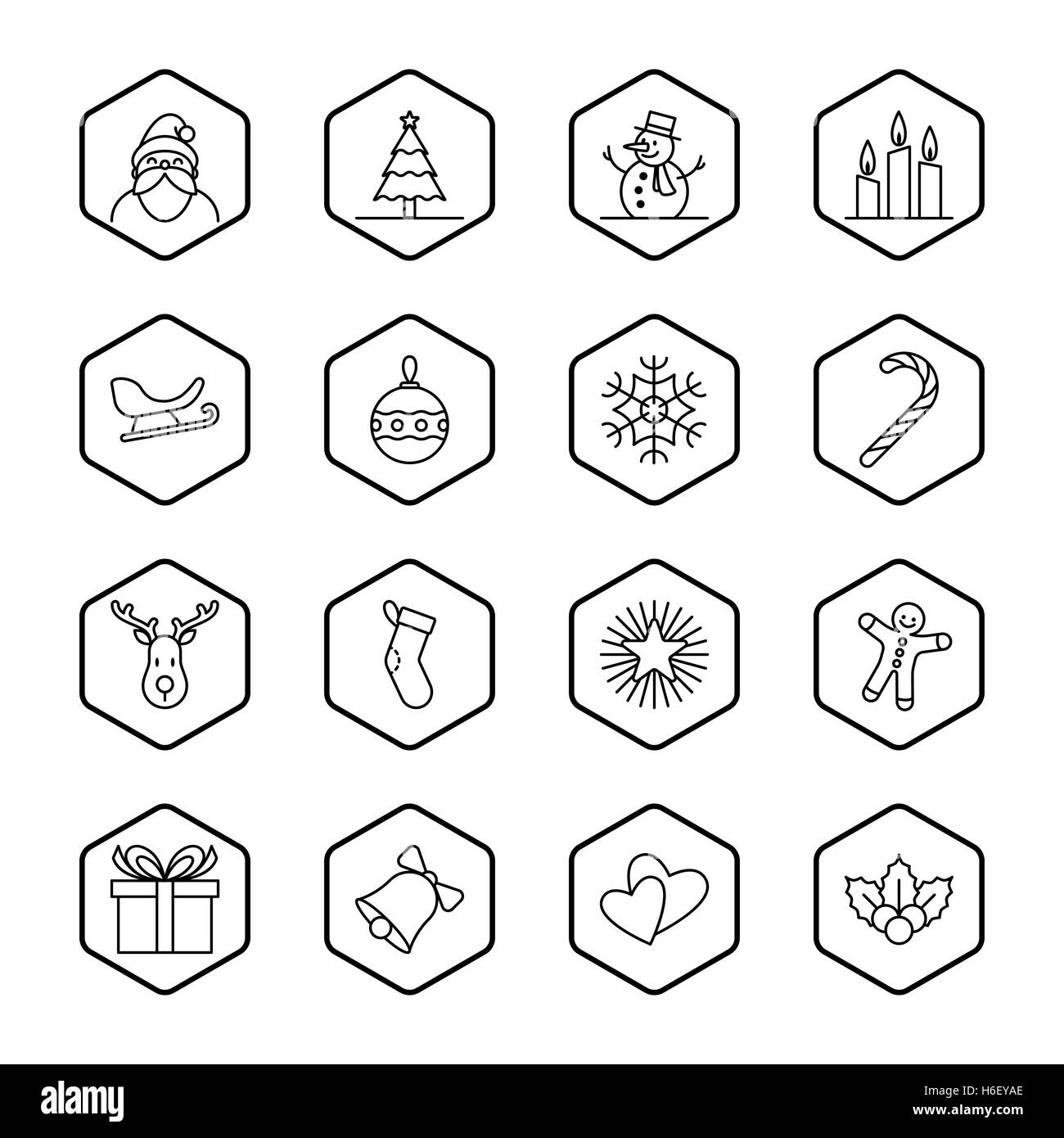 [JPEG] Natale e Anno Nuovo Imposta icona illustrazione - sagoma nera con cornice esagonale Foto Stock