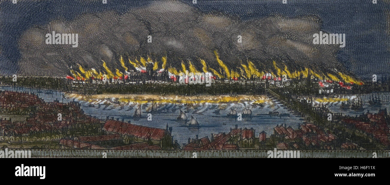 Grande Incendio di Londra, 1666. Incisione di Marcus Willemsz,1675. Colore. Foto Stock