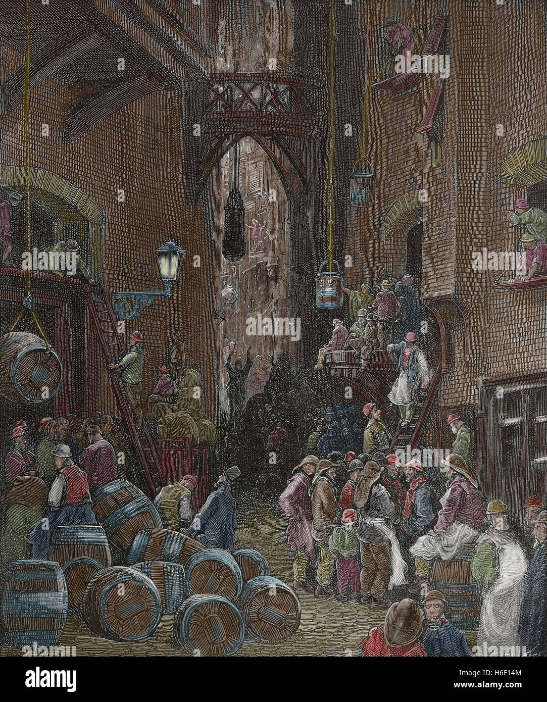 Regno Unito. Londra. Un fiume strada laterale. Incisione di Dore, XIX c. Colore. Foto Stock