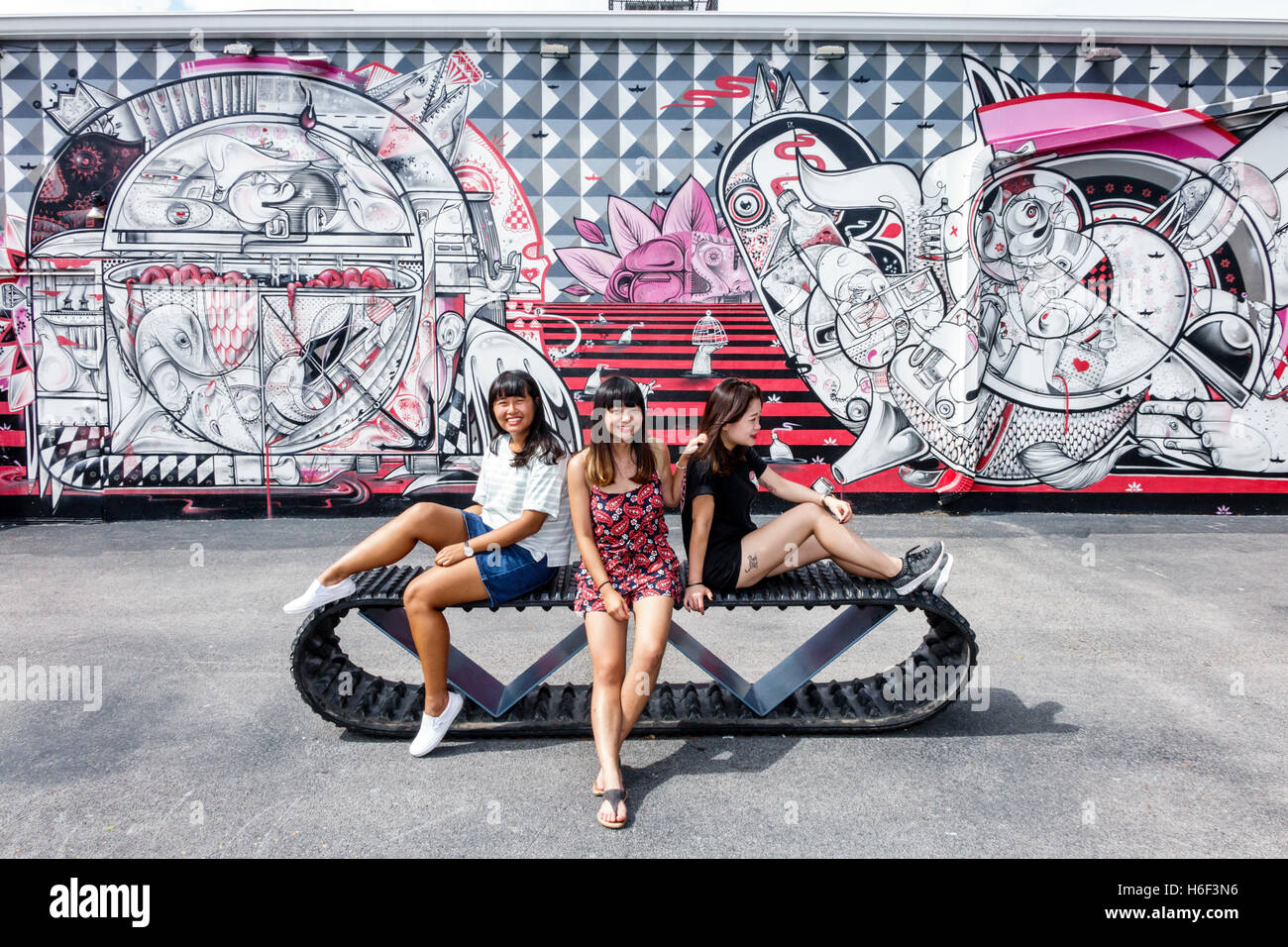 Miami Florida,Wynwood Art District,muri,murale,adulti asiatici,donne donne donne,amici,FL160830034 Foto Stock