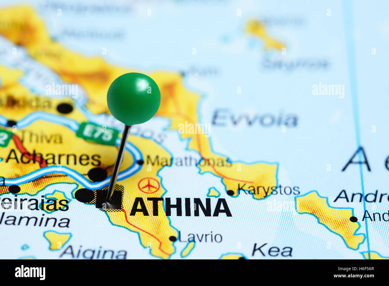 Atene imperniata su una mappa della Grecia Foto Stock