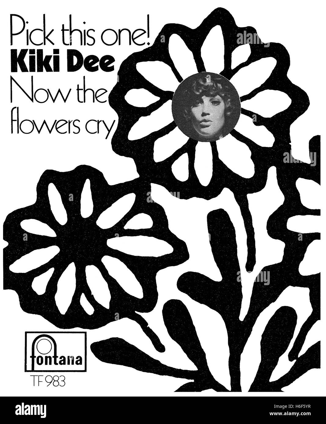 1968 in bianco e nero la pubblicità per il 45 rpm 7' unico 'ora i fiori Cry' da Kiki Dee sulla Fontana etichetta Foto Stock