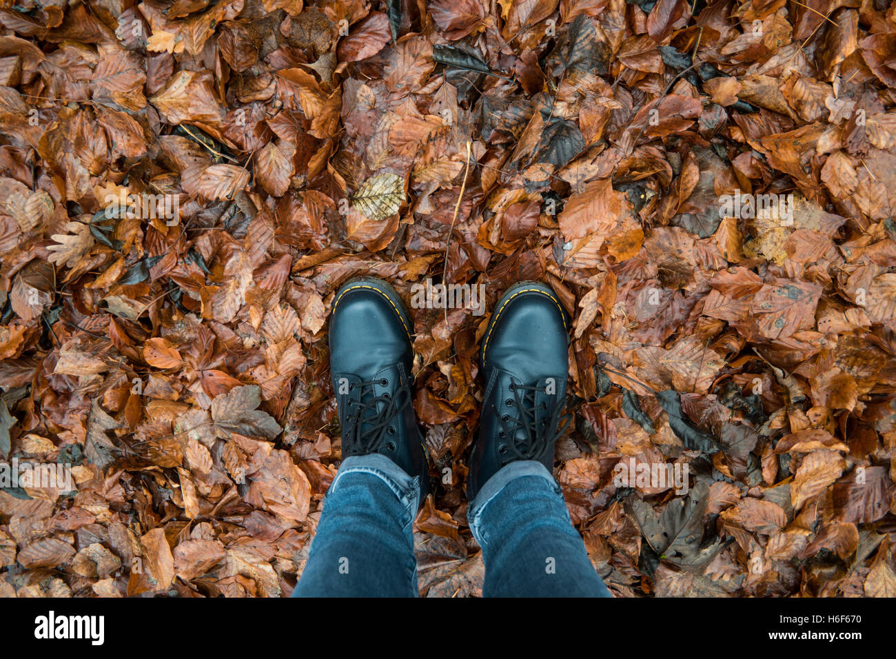 Stivali neri sulle foglie marrone Foto Stock