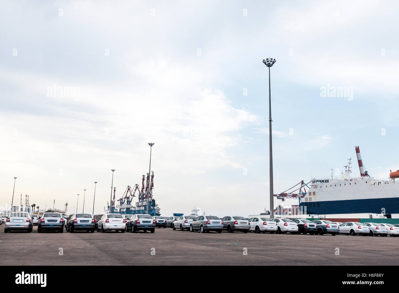 Spazio parcheggio pieno con nuove vetture che era appena stato scaricato dalla macchina freighter al loro porto di arrivo. Foto Stock