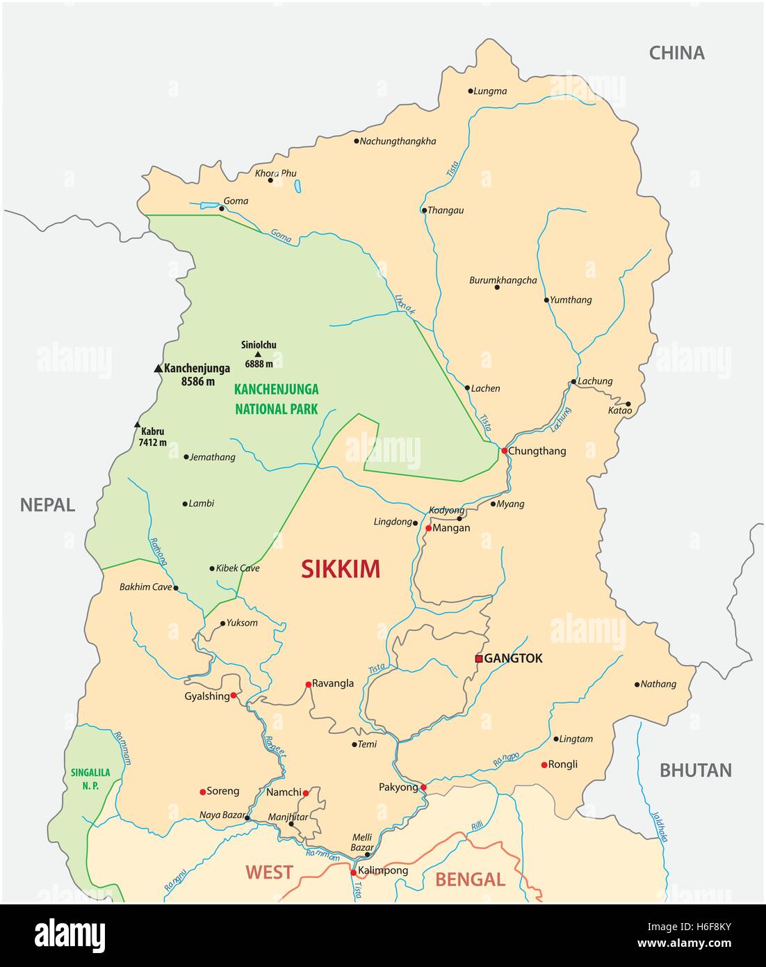 La mappa stradale di stato indiano il Sikkim Illustrazione Vettoriale