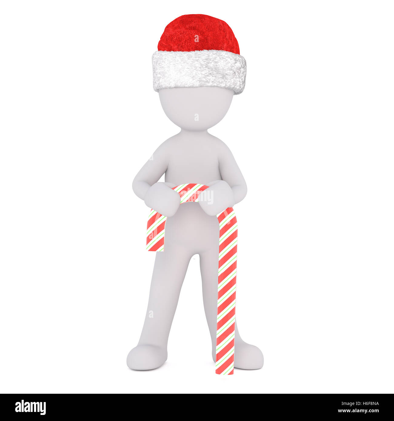 3D La figura di Santa Claus Natale hat holding grandi di colore rosso e bianco candy cane su sfondo bianco Foto Stock