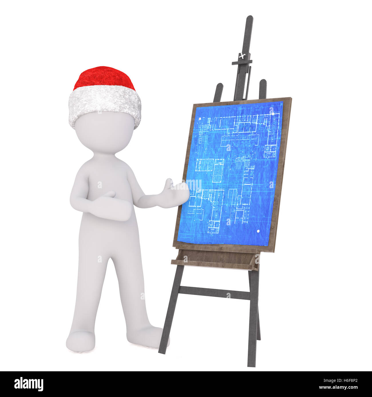 3D illustrata in figura indossa santa hat gesti verso il blu di stampe imperniata su un cavalletto Foto Stock