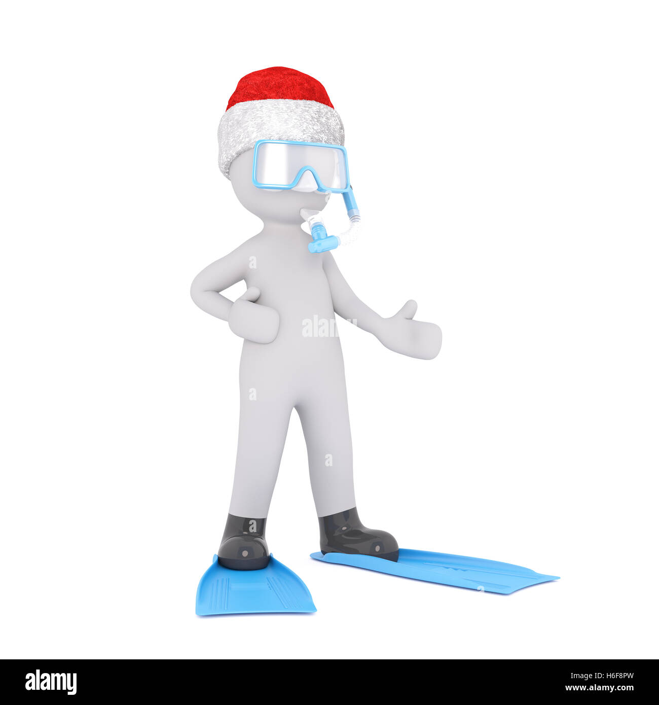 Singolo 3D figura vestita di Babbo Natale hat mentre gesti con le mani in pinne e maschera facciale su bianco Foto Stock