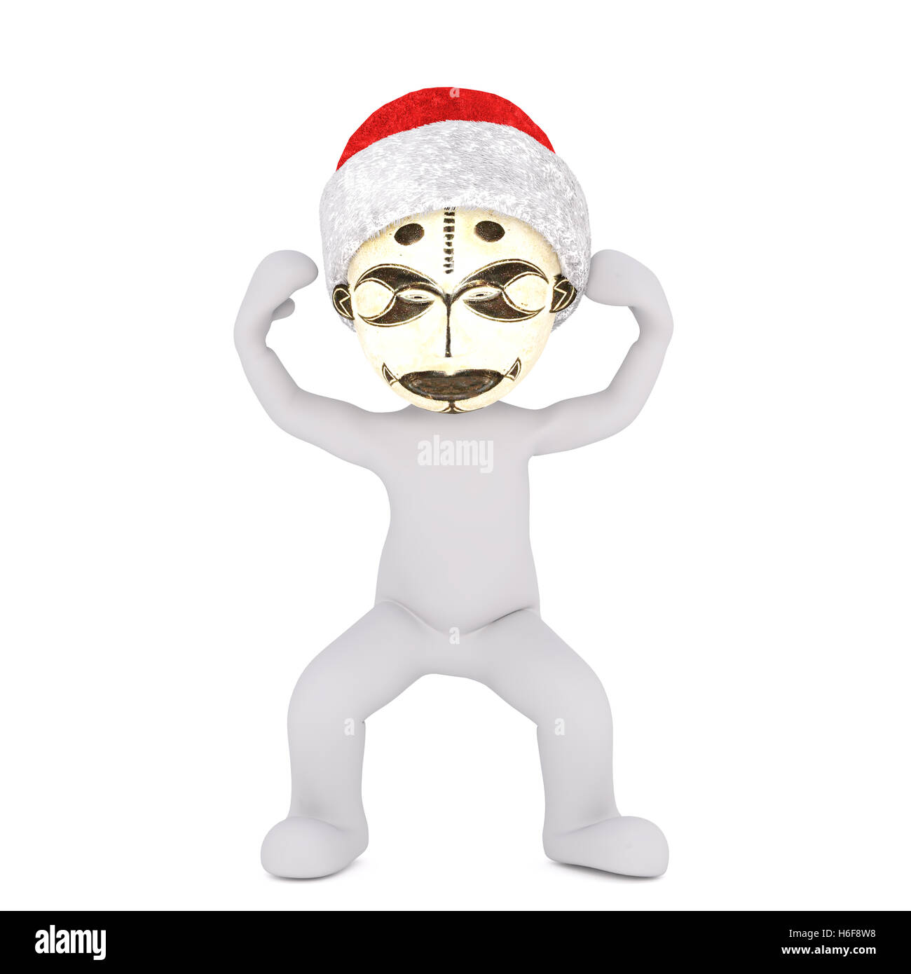 Strong 3D illustrato uomo colpisce una posa e si flette i suoi muscoli mentre indossa oro maschera tribali e santa hat Foto Stock