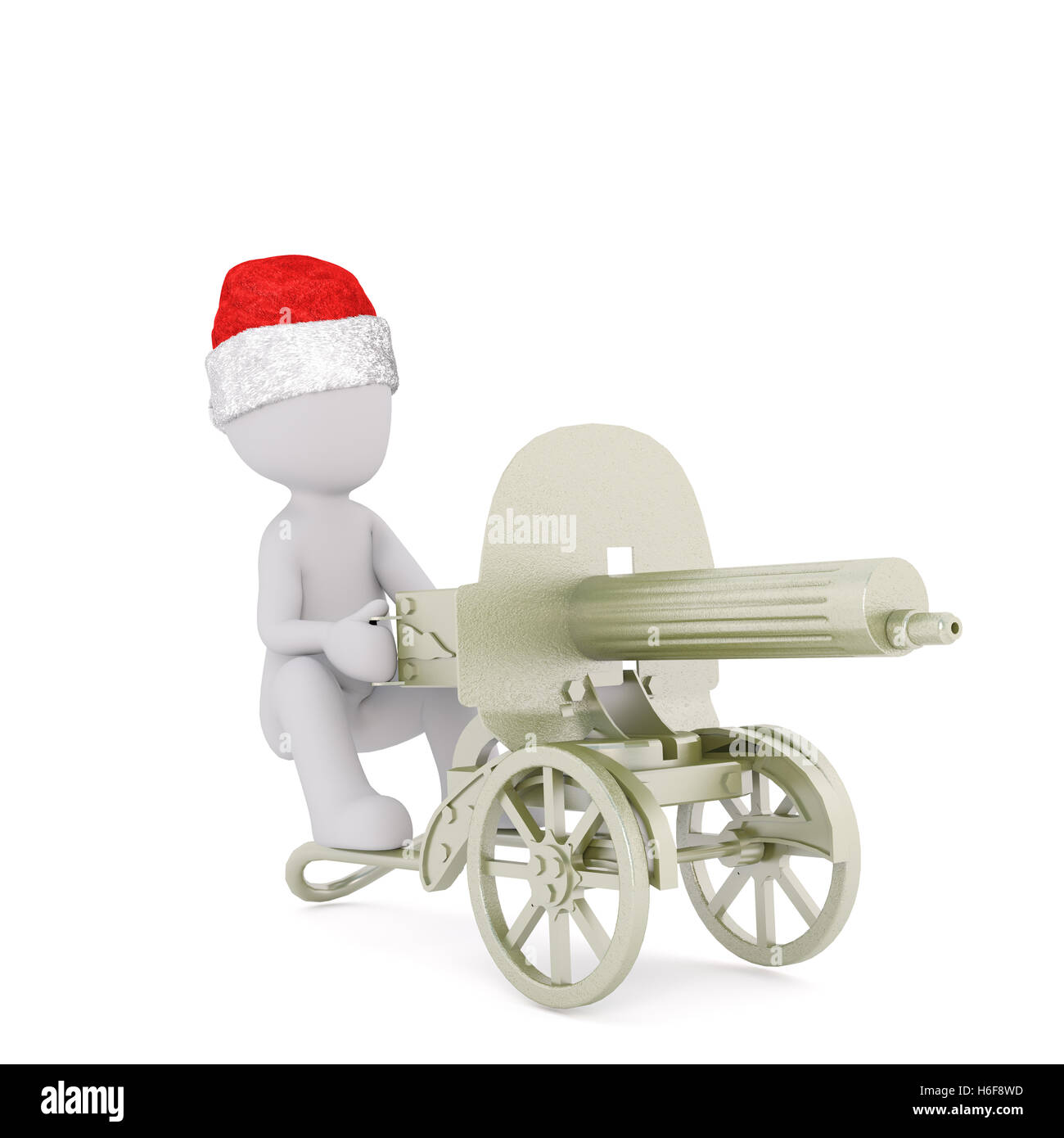 3D figura seduta che indossa il rosso e bianco Natale hat nel vecchio cannone su ruote su sfondo isolato con set all ombra Foto Stock