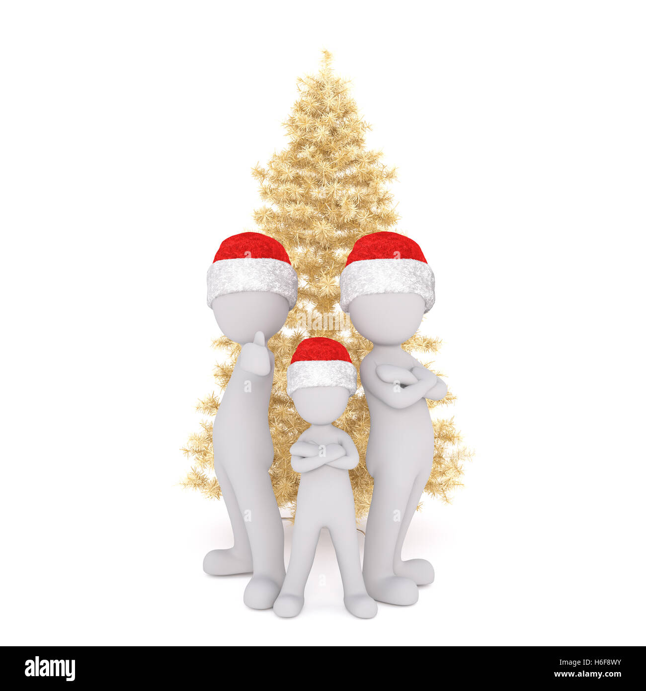 Trio di 3D figure umane in piedi intorno dorata albero di Natale con fiduciosa e gesti positivi Foto Stock