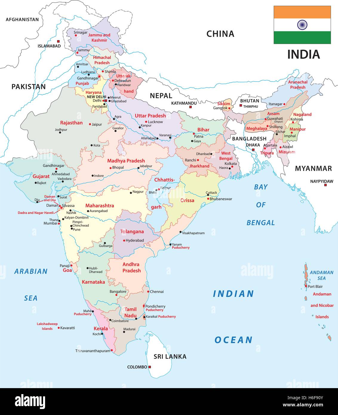 India politica e amministrativa di mappa con bandiera Illustrazione Vettoriale