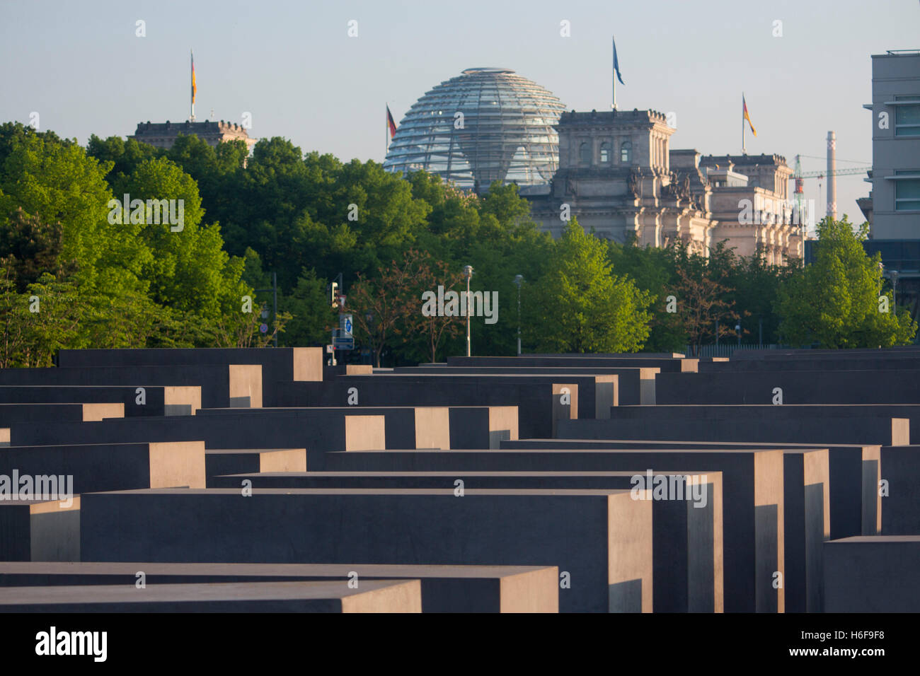 Memoriale al assassinato ebrei di Europa con il Bundestag Reichstag in background Berlino Germania Foto Stock