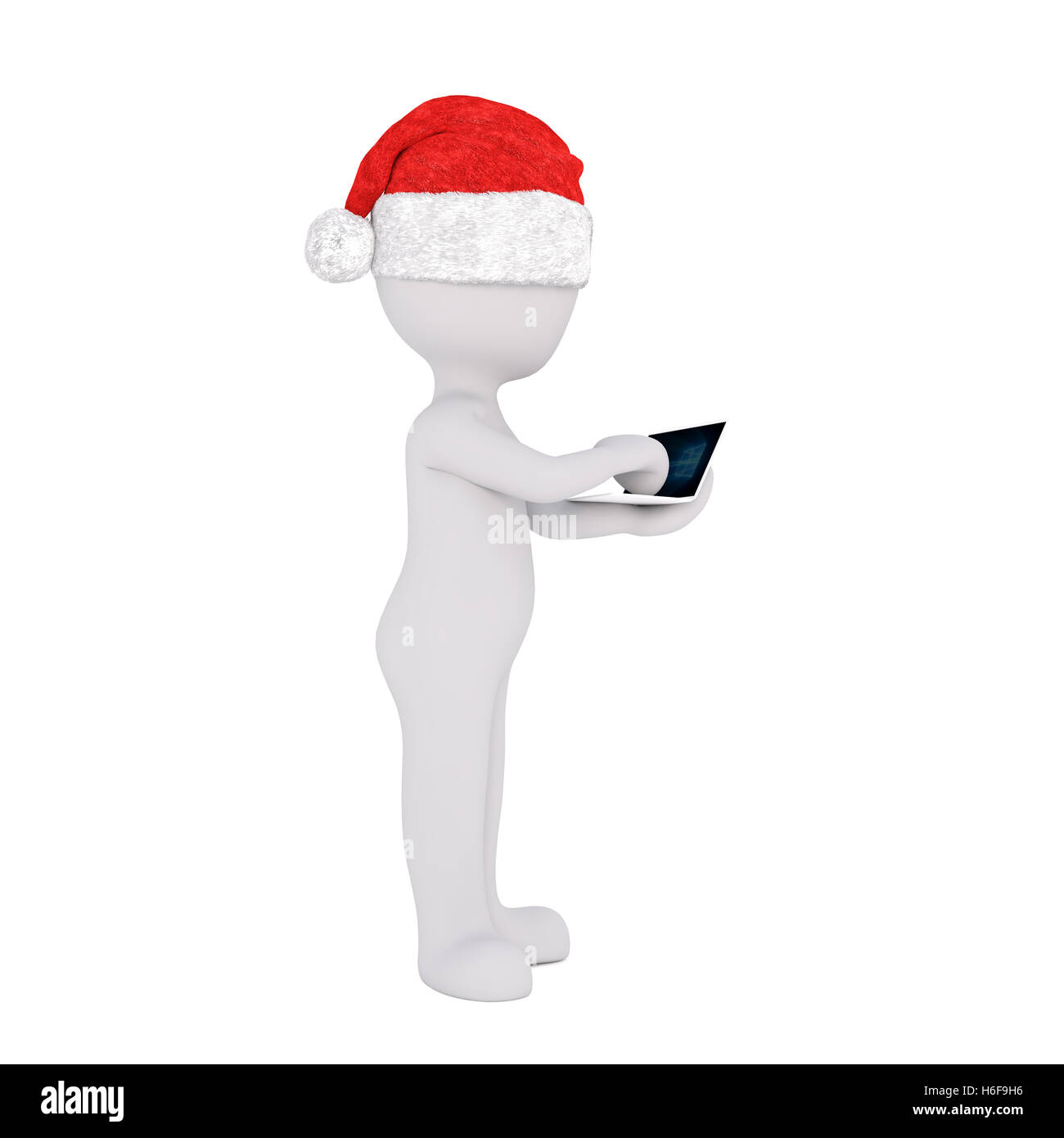 Vista laterale sul 3D figura umana digitando su un piccolo portatile tenuto nelle sue mani su sfondo bianco Foto Stock