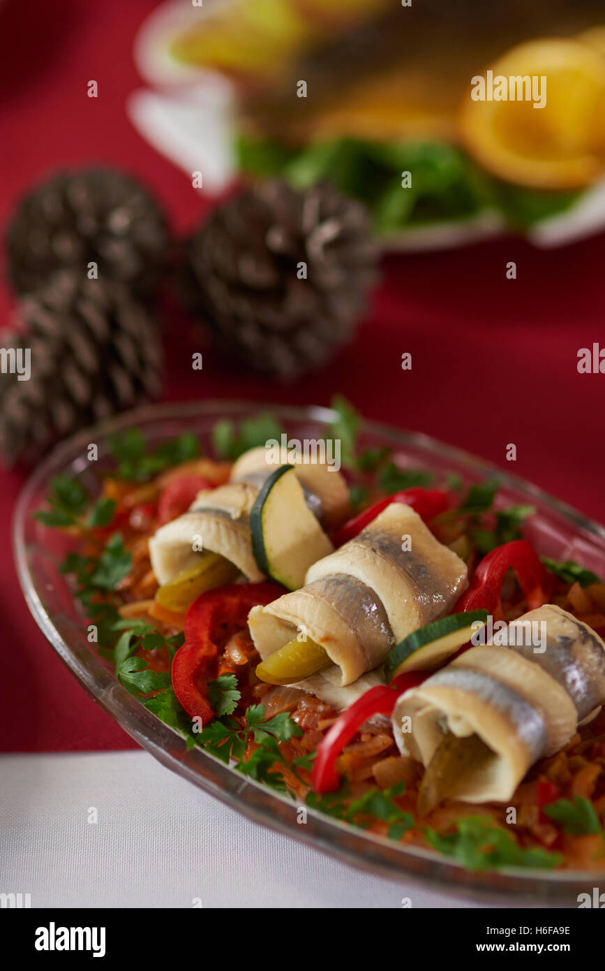 Aringa rotoli sulla tavola del Natale Foto Stock
