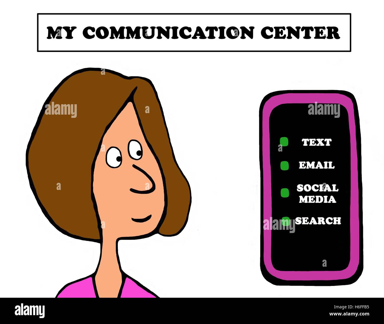 Illustrazione a colori di una donna alla ricerca di un telefono cellulare, 'my del centro di comunicazione'. Foto Stock
