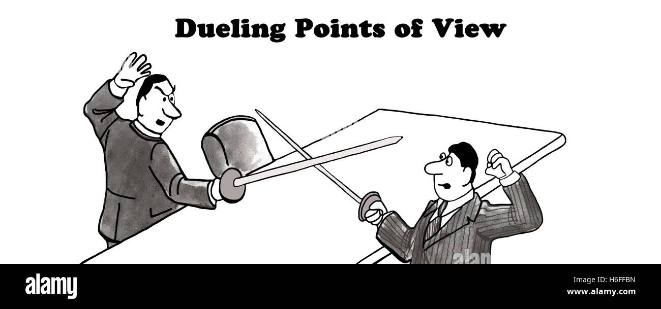 Bianco e nero illustrazione di due uomini dueling, 'dueling punti di vista'. Foto Stock