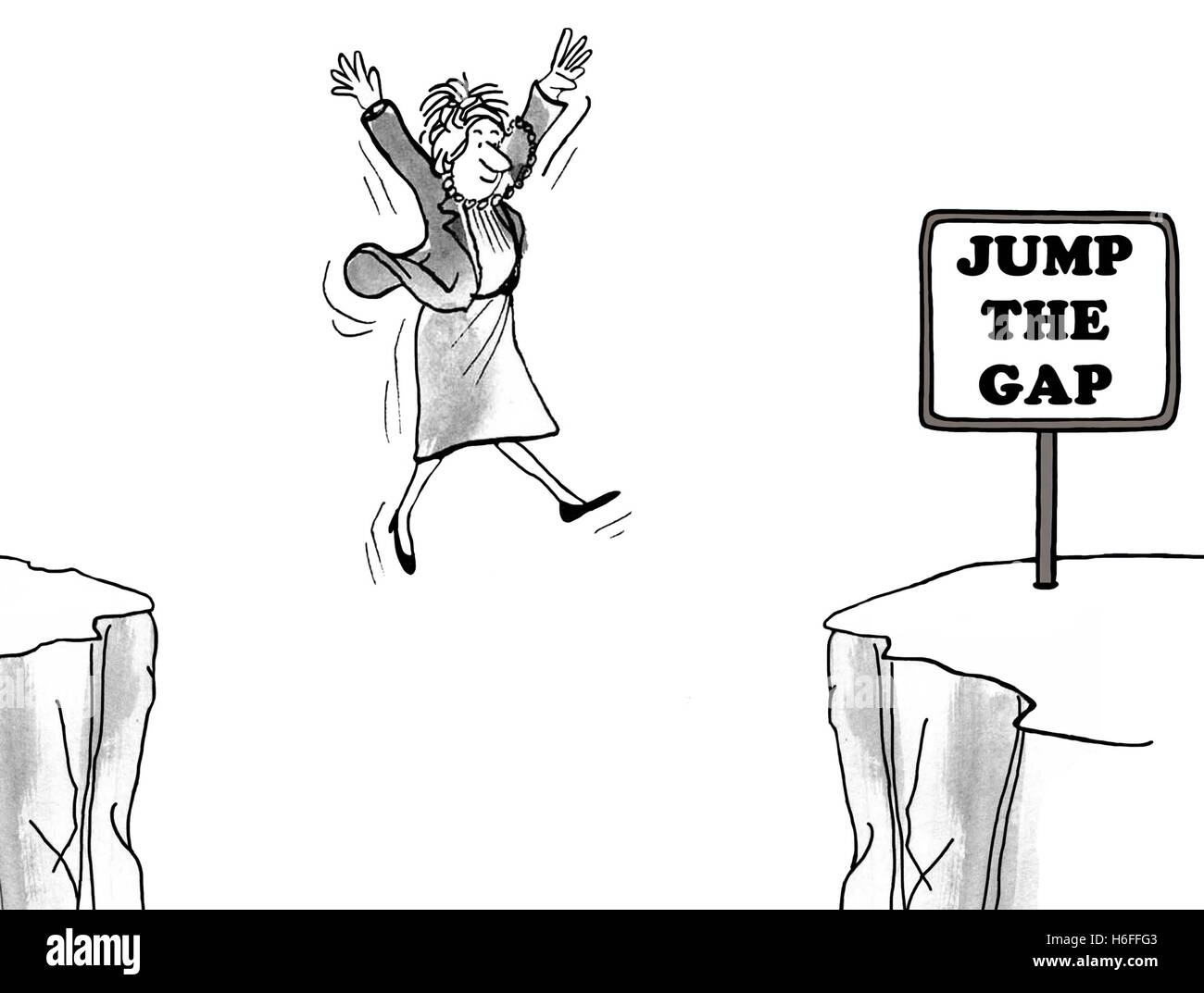 Bianco e nero illustrazione business di sorridere imprenditrice saltando il divario. Foto Stock